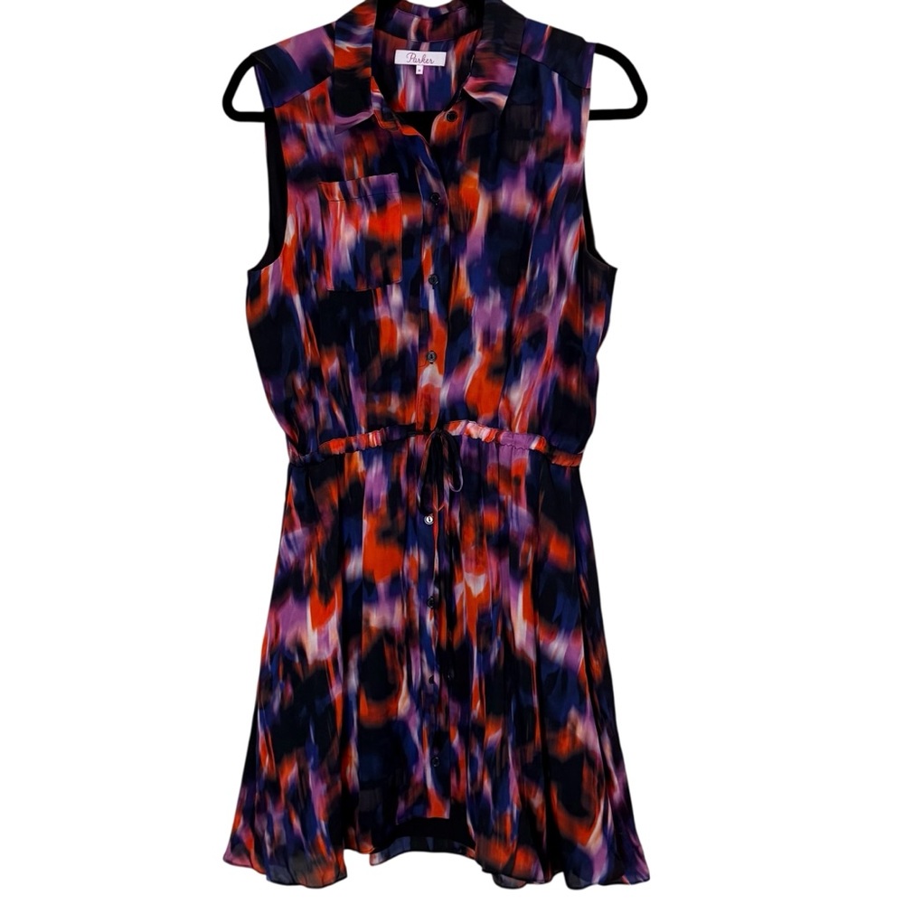 Parker Women’s Jemma Vibrant Abstract Sleeveless Silk Blend Mini Shirt Dress sz